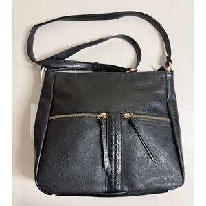 NEW Alyssa Los Angeles Floral Embossed Vegan Leather Purse Shoulder Bag Black